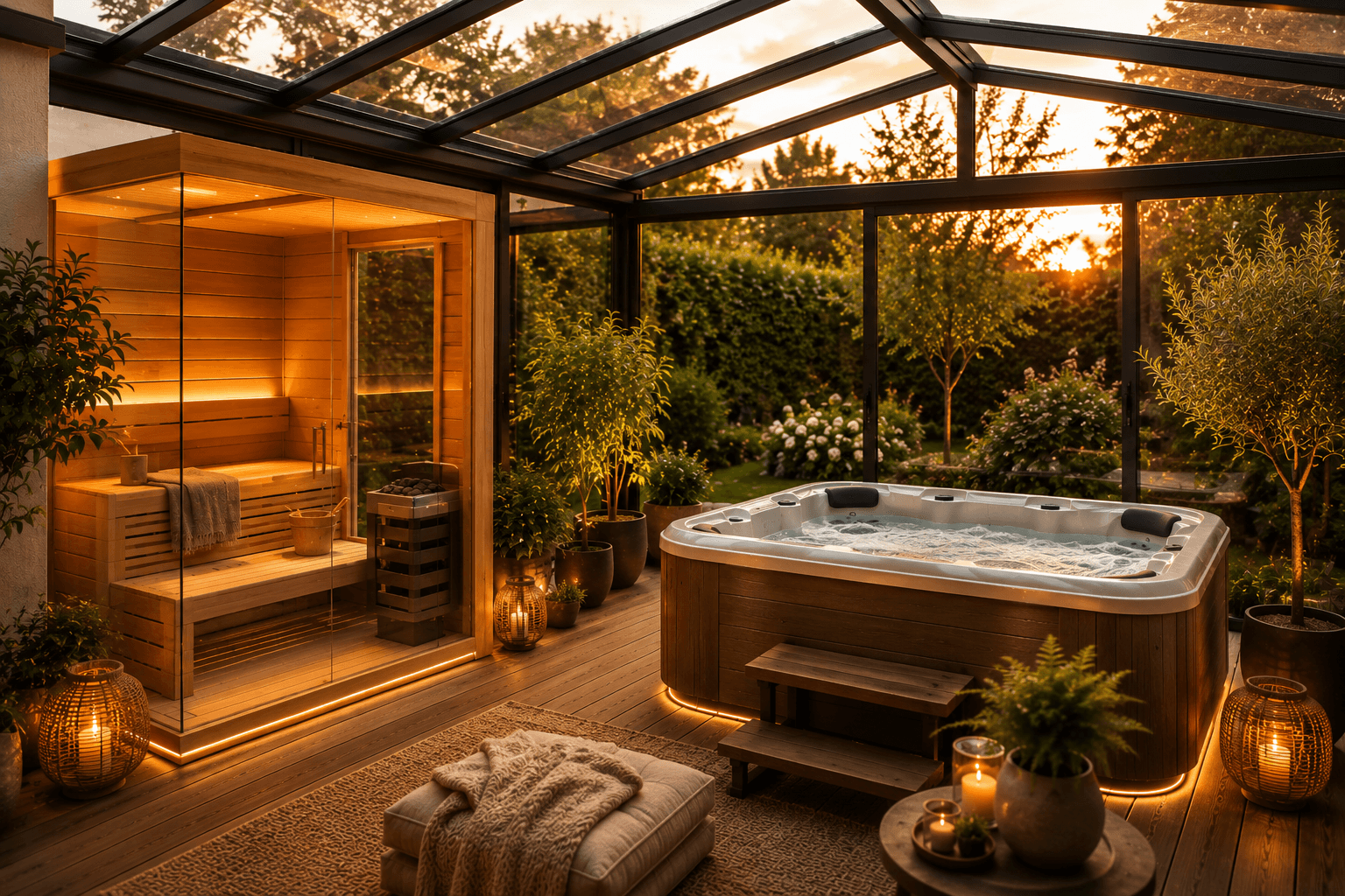 Private Wellness-Oase mit moderner Outdoor-Sauna und Whirlpool im Garten