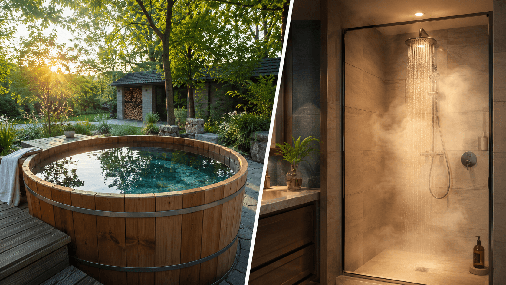 Kältebad im Holz-Badefass und heiße Dusche im direkten Vergleich