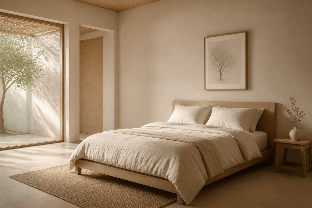 Minimalistisches Schlafzimmer in Creme- und Sandtönen mit klaren Linien und wenigen Möbeln