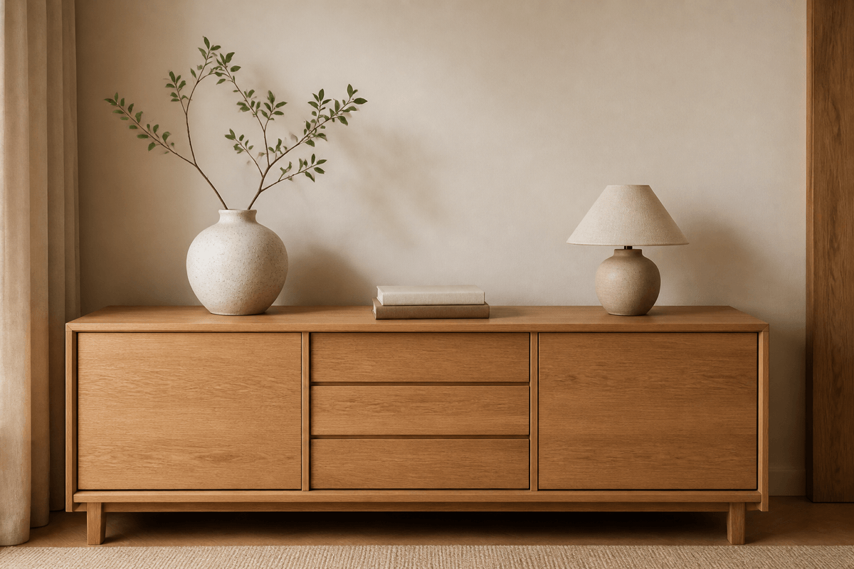 Aufgeräumtes, reduziert dekoriertes Sideboard in Naturtönen mit wenigen ausgewählten Wohnaccessoires