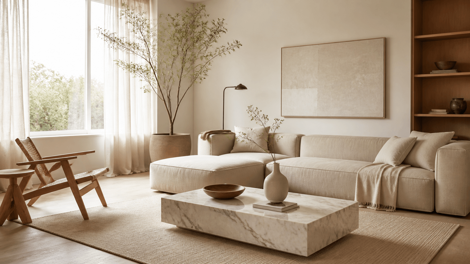 Minimalistisch eingerichtetes Wohnzimmer in warmen Naturtönen mit beigem Sofa, Marmor-Couchtisch und viel Tageslicht