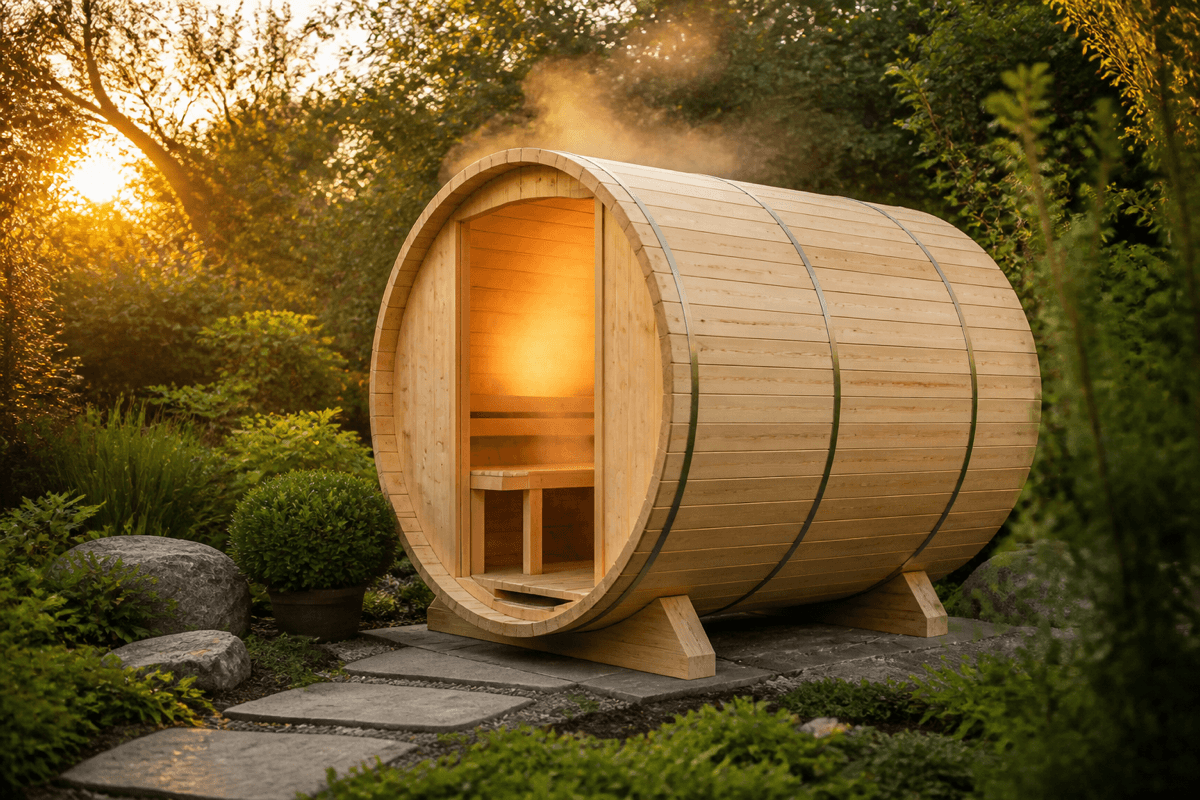 Outdoor barrel sauna made from untreated spruce wood in a green garden