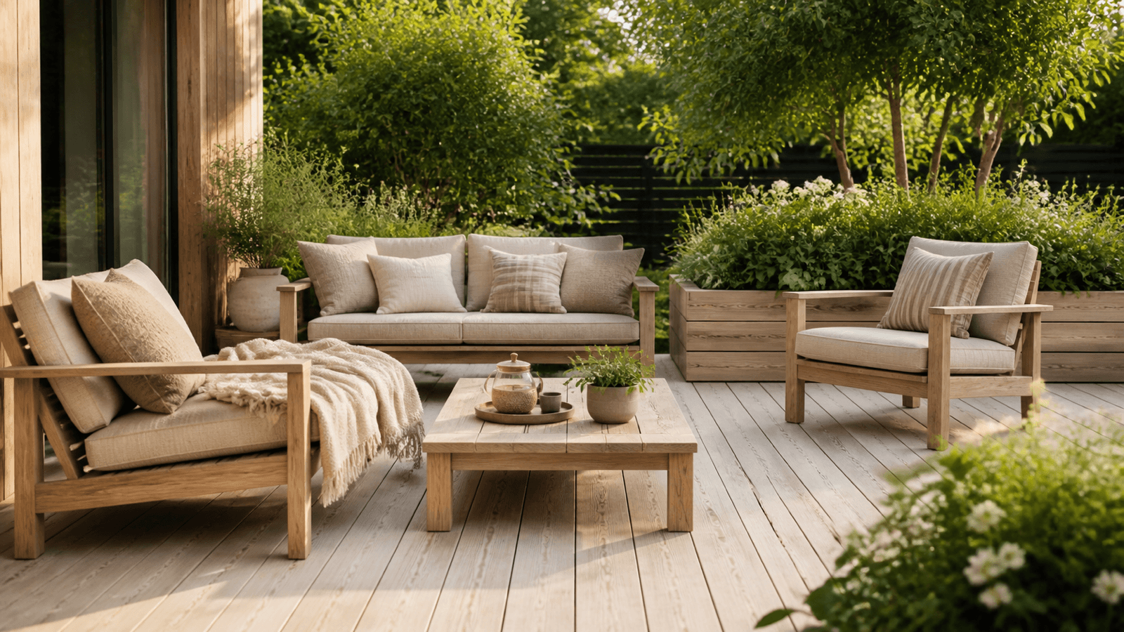 Sustainably designed garden patio made from light Siberian larch with wooden furniture