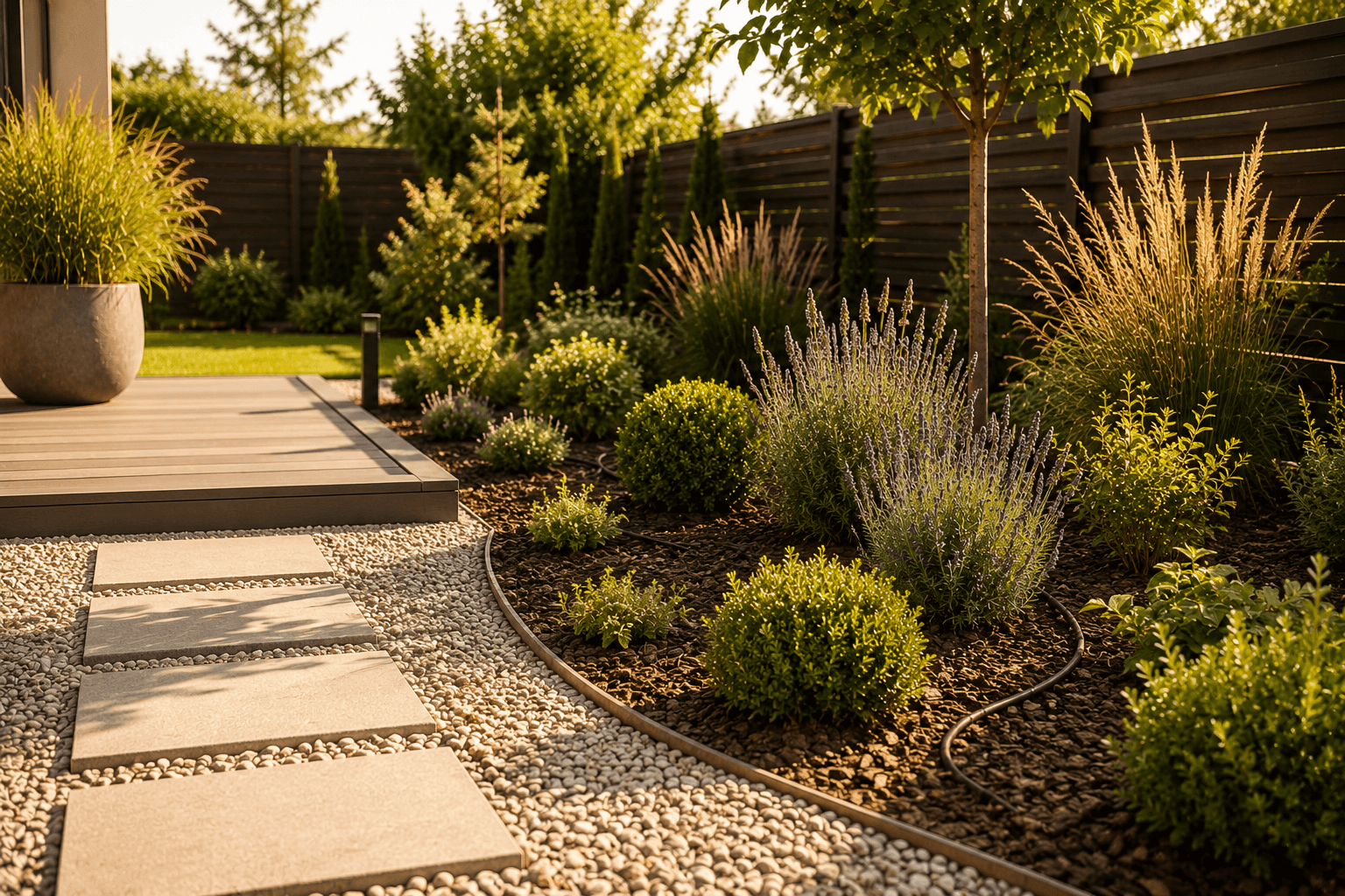 Moderne pflegeleichte Gartengestaltung mit Kies, Mulch und Bewässerung