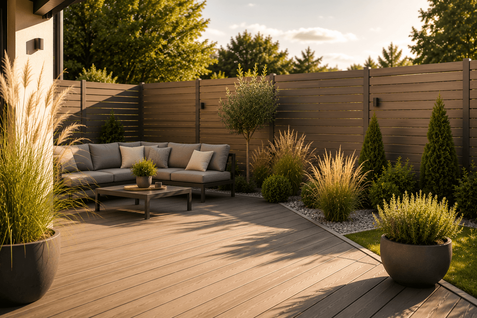 Pflegeleichte WPC-Terrasse in Holzoptik mit WPC-Sichtschutzzaun