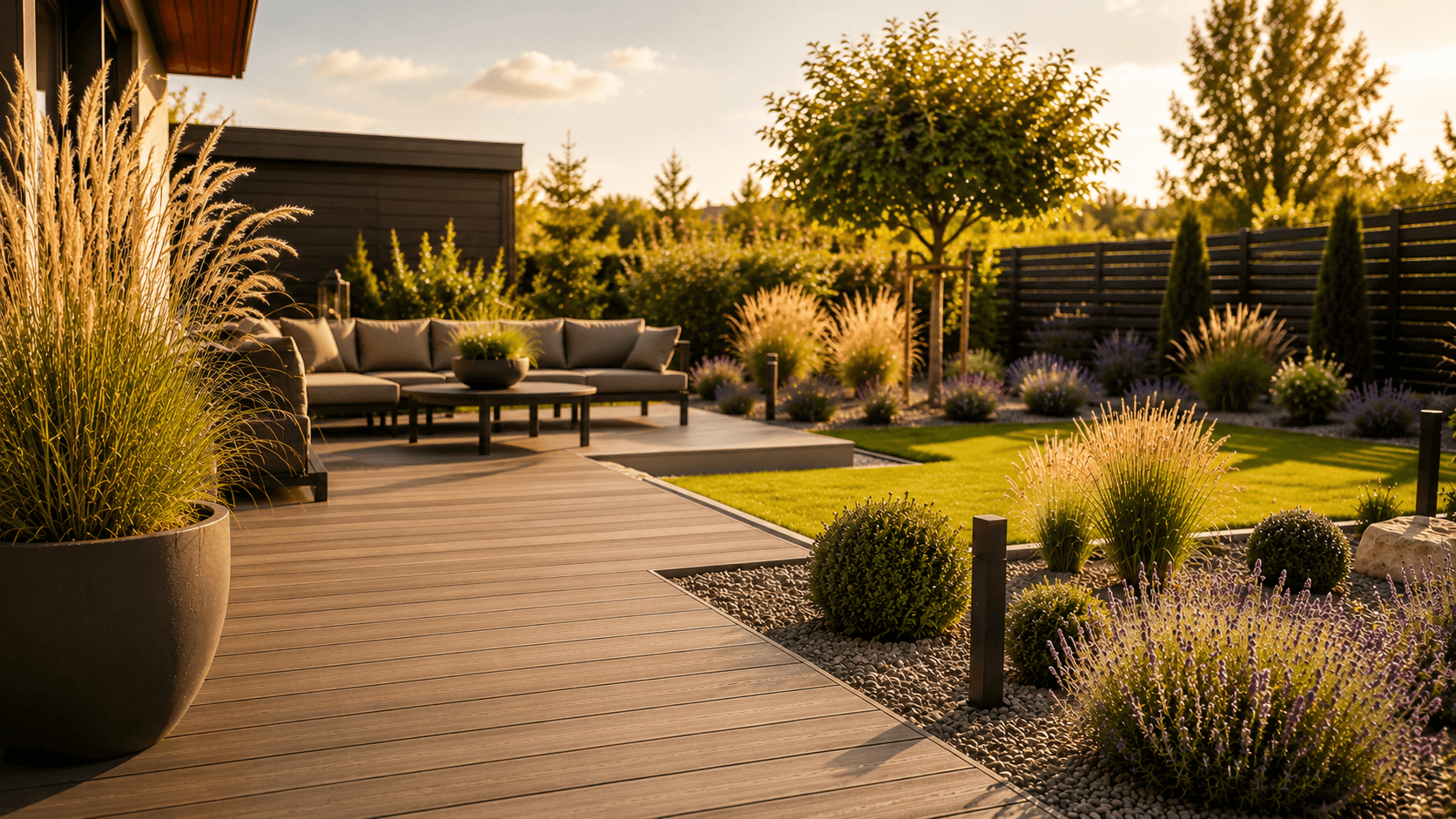 Pflegeleichter Garten mit moderner WPC-Terrasse, Lavendel und Ziergräsern