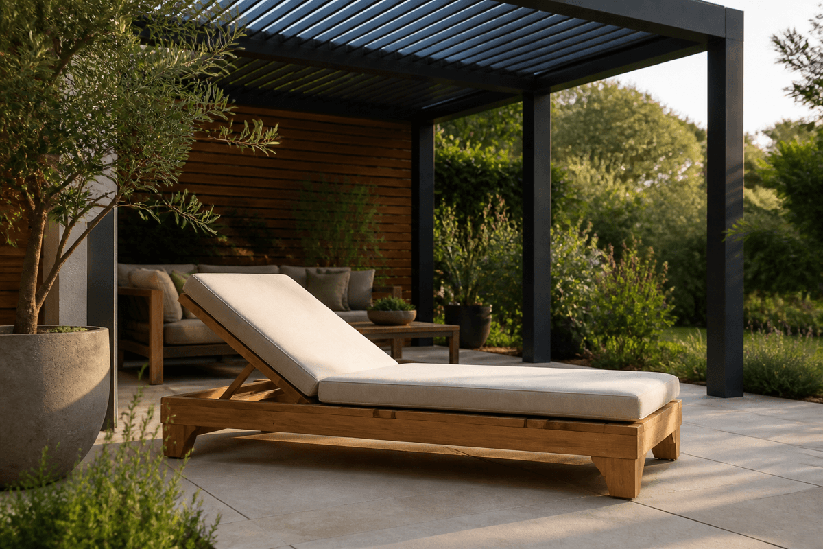 Langlebige Gartenmöbel aus Massivholz auf einer gepflegten Terrasse