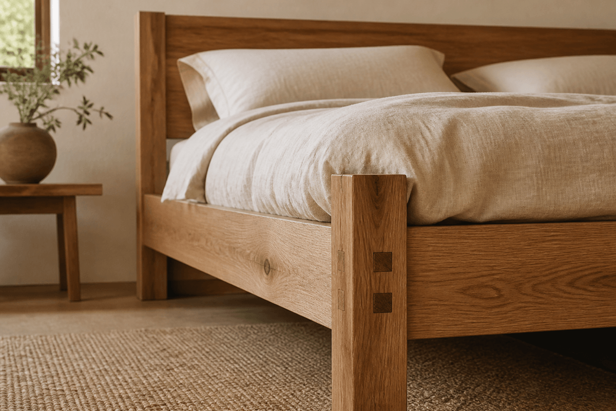 Massives Holzbett mit hochwertigen Naturtextilien in einem hellen Schlafzimmer