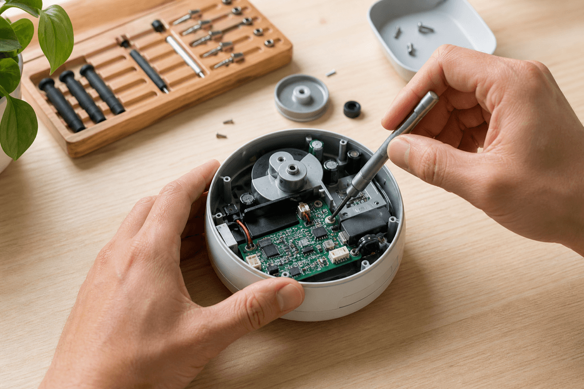 Hände reparieren ein Elektrogerät mit Werkzeug auf einer hellen Werkbank