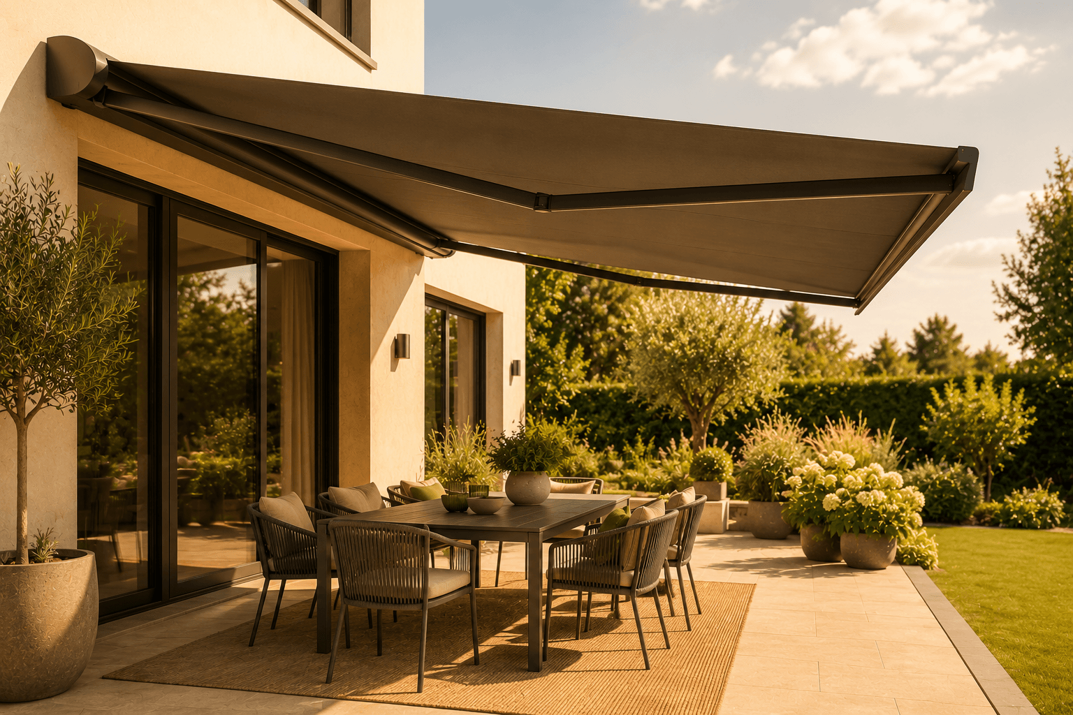 Extended anthracite full-cassette awning providing shade over a patio beside the house