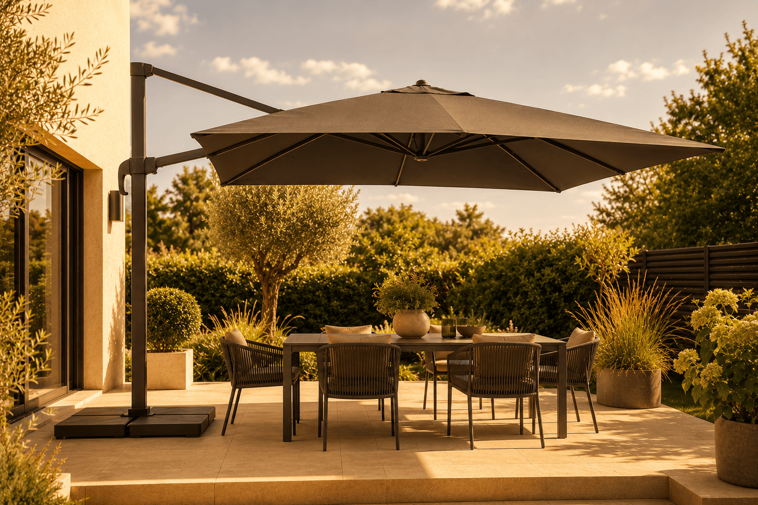Freestanding cantilever parasol providing shade over a patio seating area