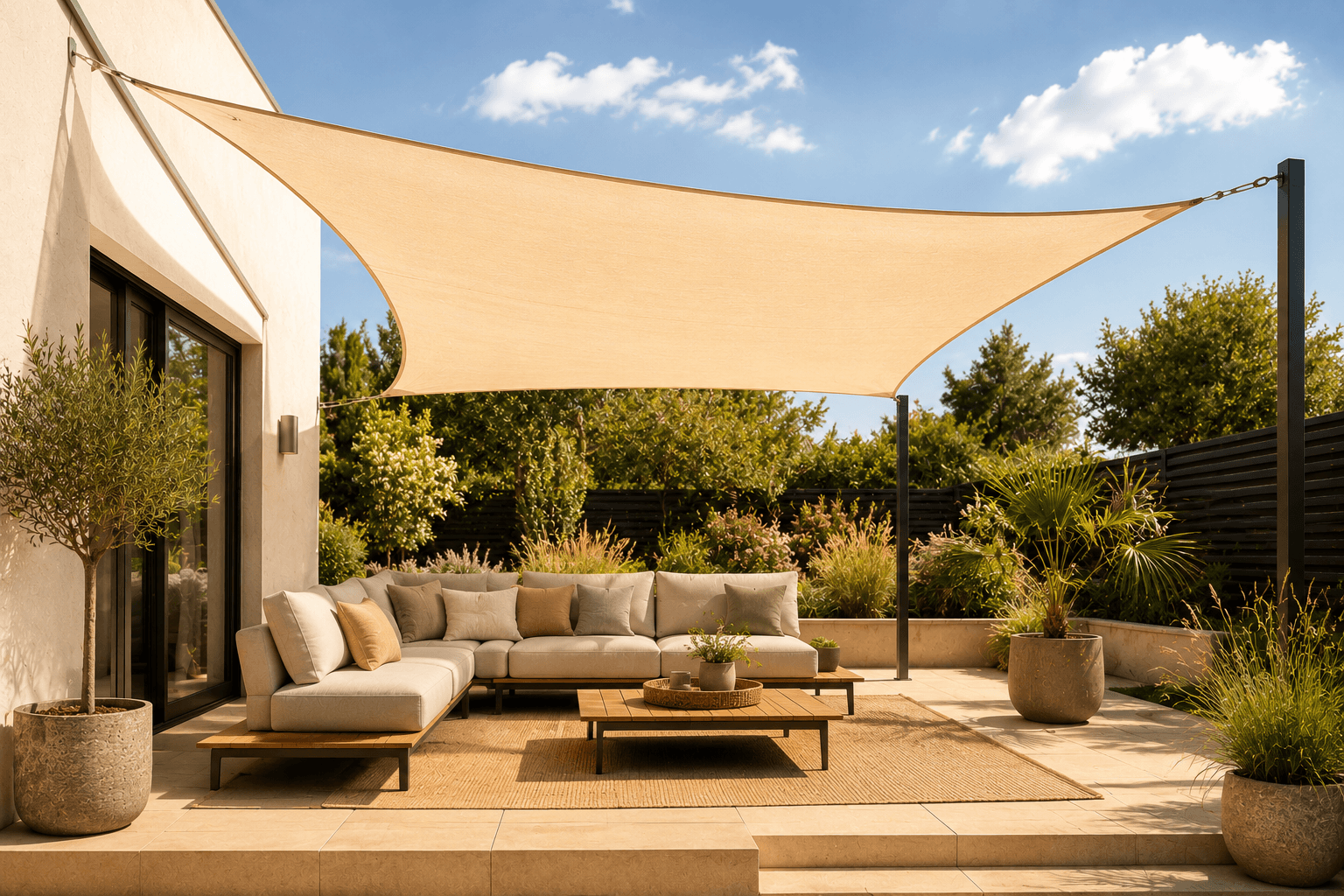 Modern shade sail stretched above a patio, creating light and airy shade