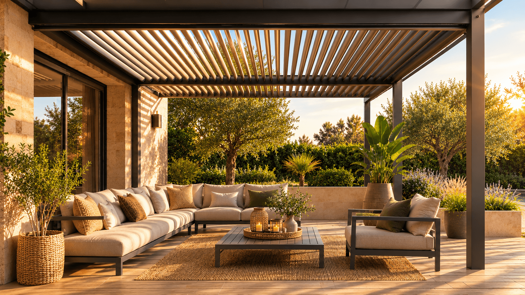 Modern patio with a louvred pergola and lounge furniture in the shade