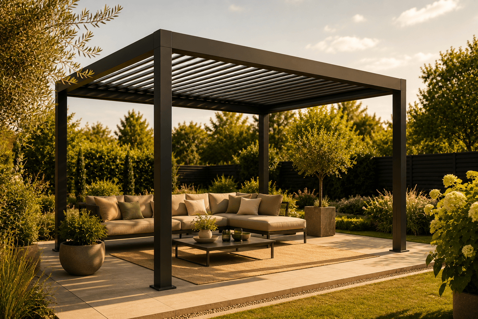 Freestanding aluminium louvred pergola with an adjustable roof in the garden