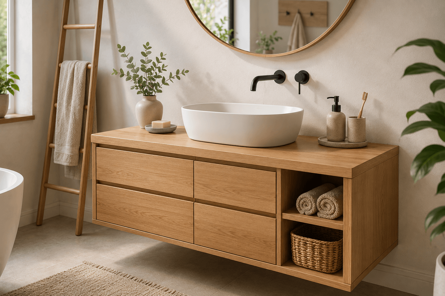 Waschtisch aus hellem Holz mit Aufsatzwaschbecken im skandinavischen Stil