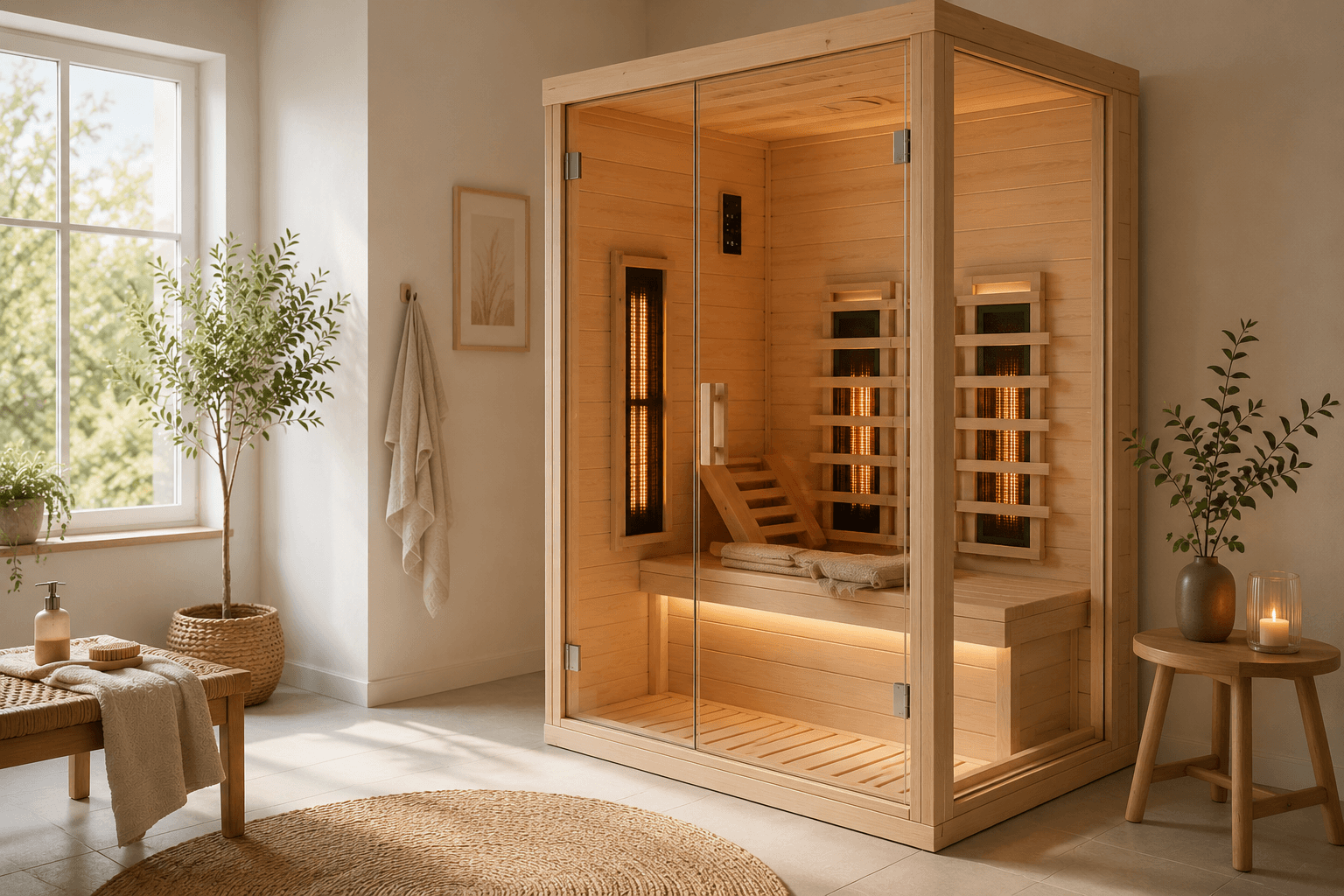 Infrarotkabine aus hellem Holz in einem hellen, ruhigen Wellnessbereich