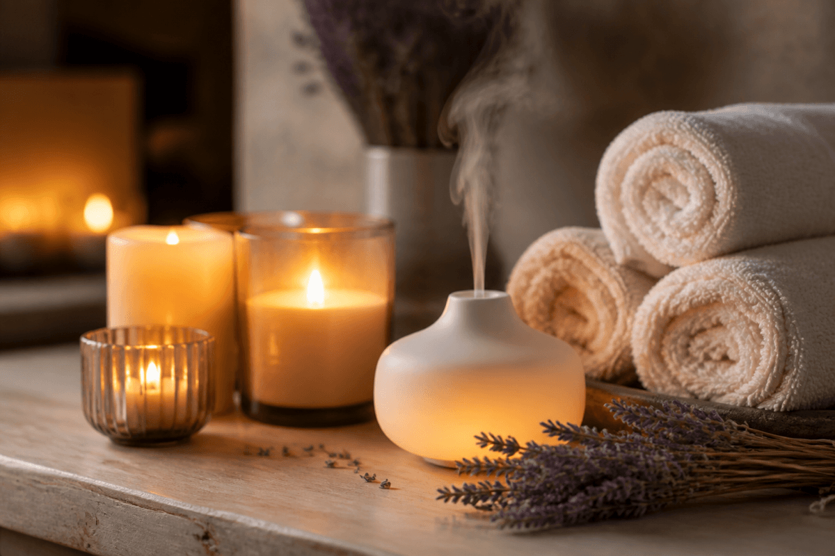 Entspannende Spa-Atmosphäre mit Duftkerzen, Aromaöl und weichen Handtüchern