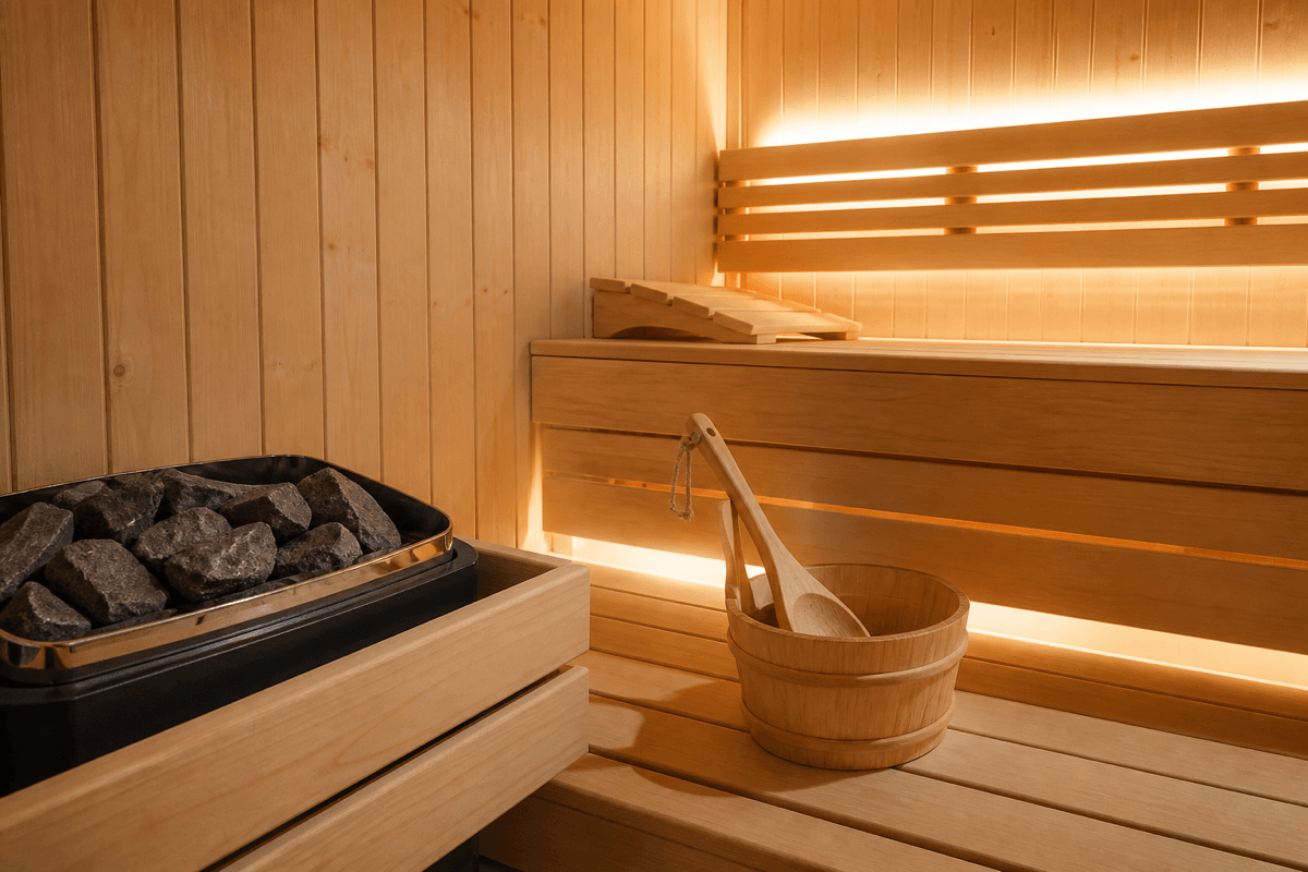 Moderne Heimsauna aus hellem Holz mit warmem Licht und Saunasteinen