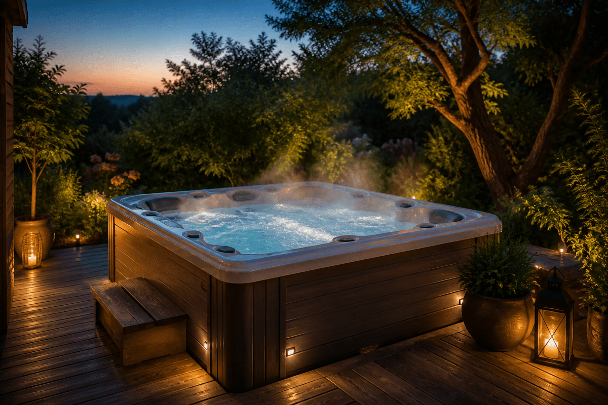 Outdoor-Whirlpool auf einer Terrasse mit sprudelndem Wasser in der Abenddämmerung
