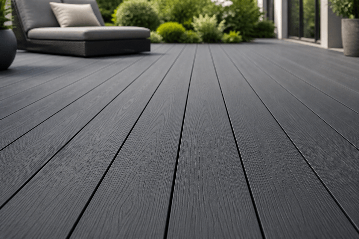 Anthracite WPC decking boards on a large patio with a continuous wood look