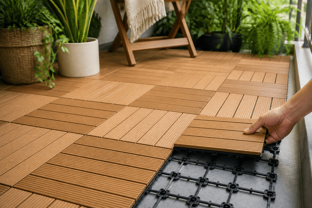 Teak-look WPC click tiles laid in a chequerboard pattern on a balcony