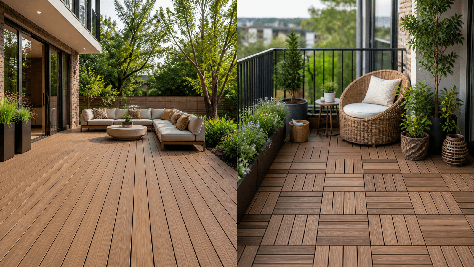 Modern patio with wood-look WPC decking boards next to a balcony with WPC click tiles