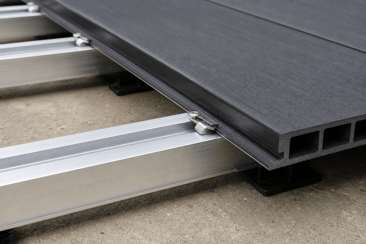 Close-up of a WPC decking substructure with aluminium profiles and clips beneath a decking board