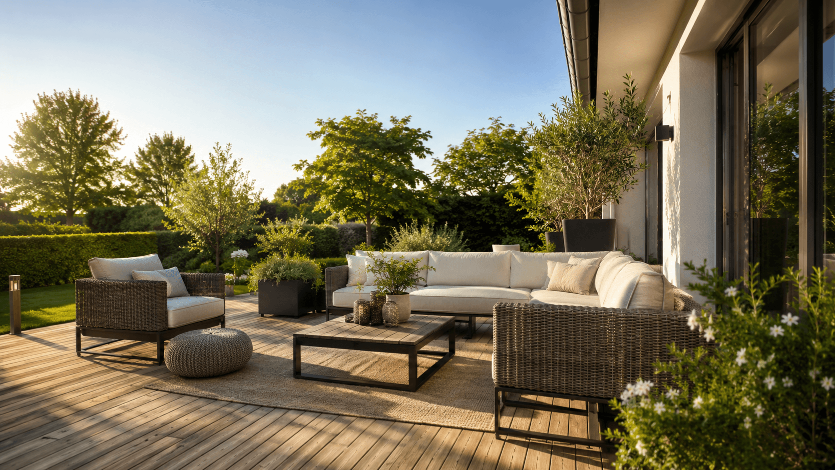 Wetterfeste Gartenmöbel auf einer Terrasse im Sonnenlicht