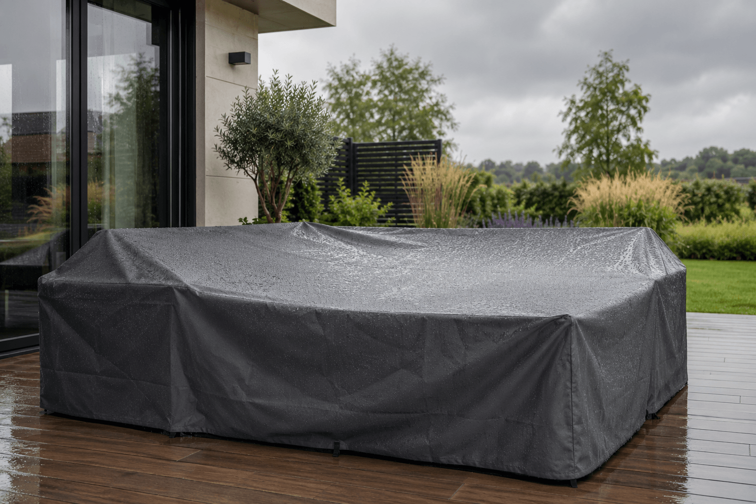 Passgenaue Schutzhülle schützt Gartenmöbel vor Regen