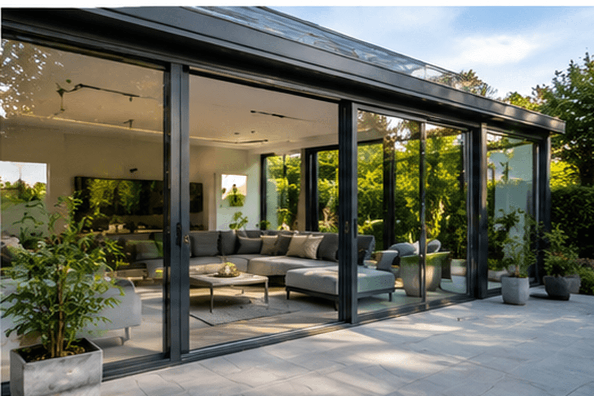 Moderner Wintergarten AMARIS mit anthrazitfarbenem Aluminiumrahmen und Schiebetüren