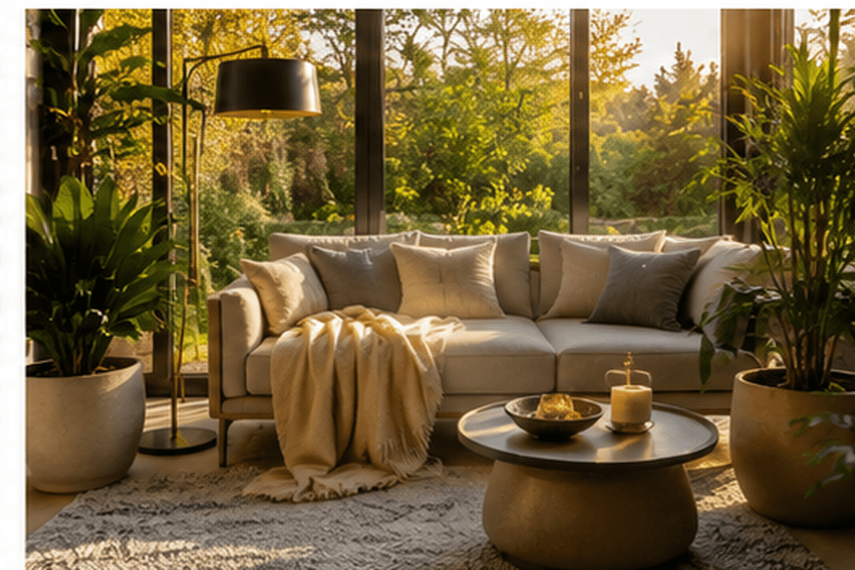 Dekorierte Wintergarten-Ecke mit Teppich, Stehlampe, Kuscheldecke und Kübelpflanzen