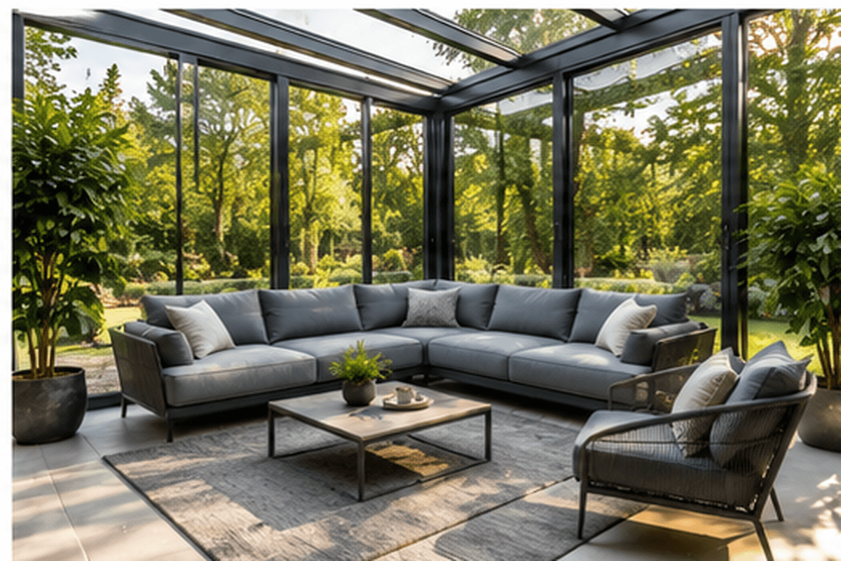 Gemütliche Loungemöbel in einem Wintergarten mit Kissen und Beistelltisch