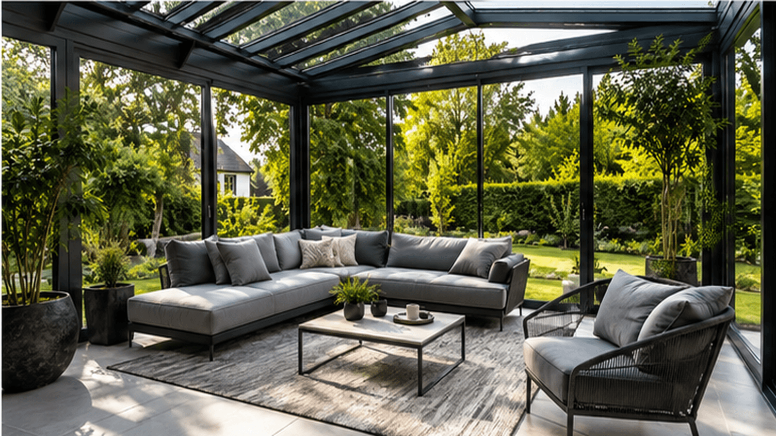 Heller Wohnwintergarten mit Loungemöbeln, Teppich und Grünpflanzen