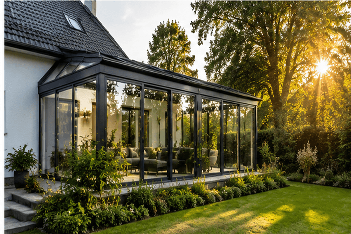 Verglaster Wintergarten-Anbau am Einfamilienhaus bei Tageslicht