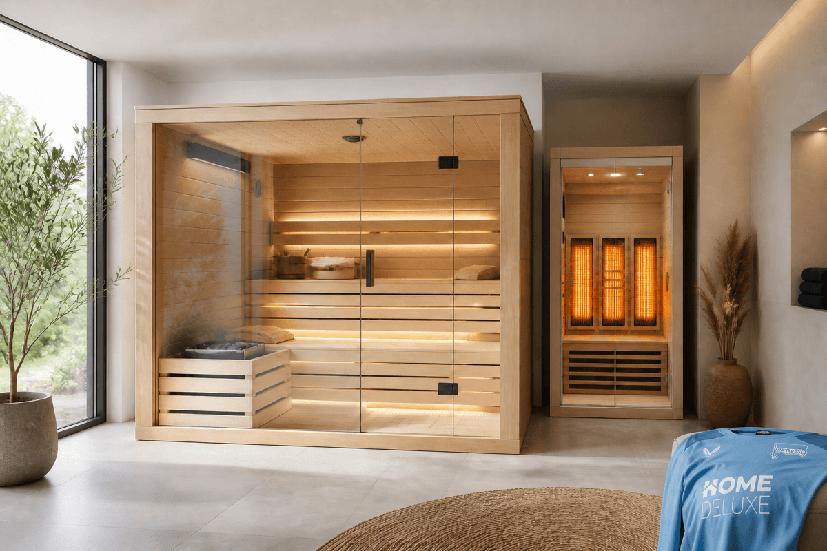 Wellness zuhause zur Regeneration – Sauna und Infrarotkabine aus hellem Holz