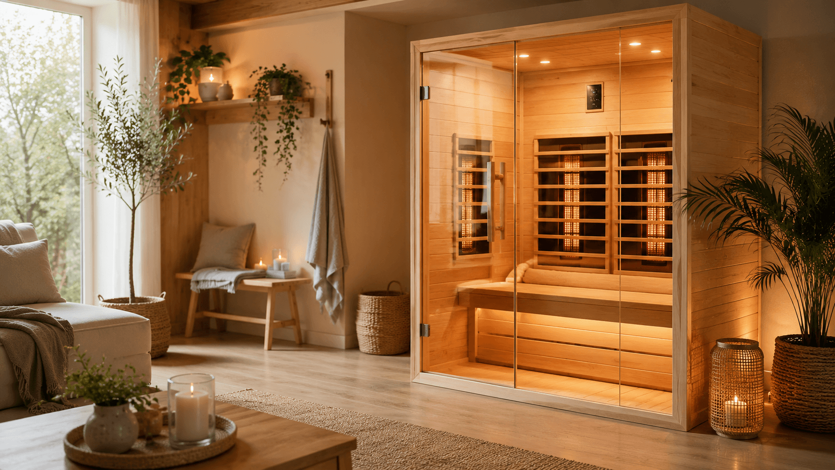 Moderne Infrarotkabine aus Holz mit Glasfront in einem hellen, gemütlichen Wohnraum