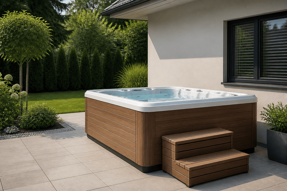 Outdoor-Whirlpool auf einer ebenen Terrassenfläche mit Treppe und Holzverkleidung