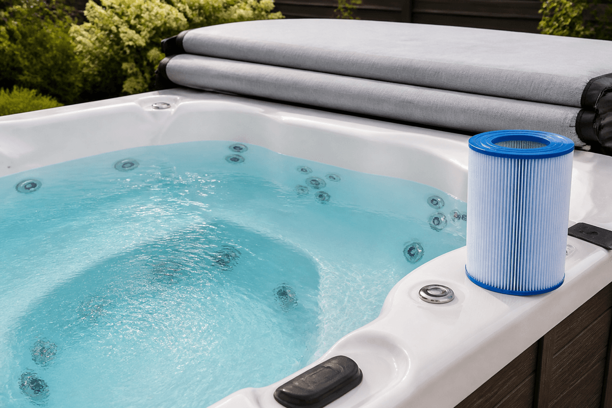Klares Wasser im Outdoor-Whirlpool mit Filter und Thermoabdeckung im Hintergrund