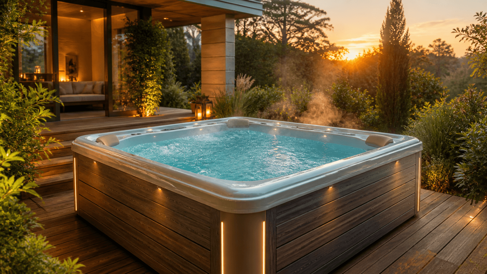 Moderner Outdoor-Whirlpool auf einer Holzterrasse im Garten bei Abendlicht