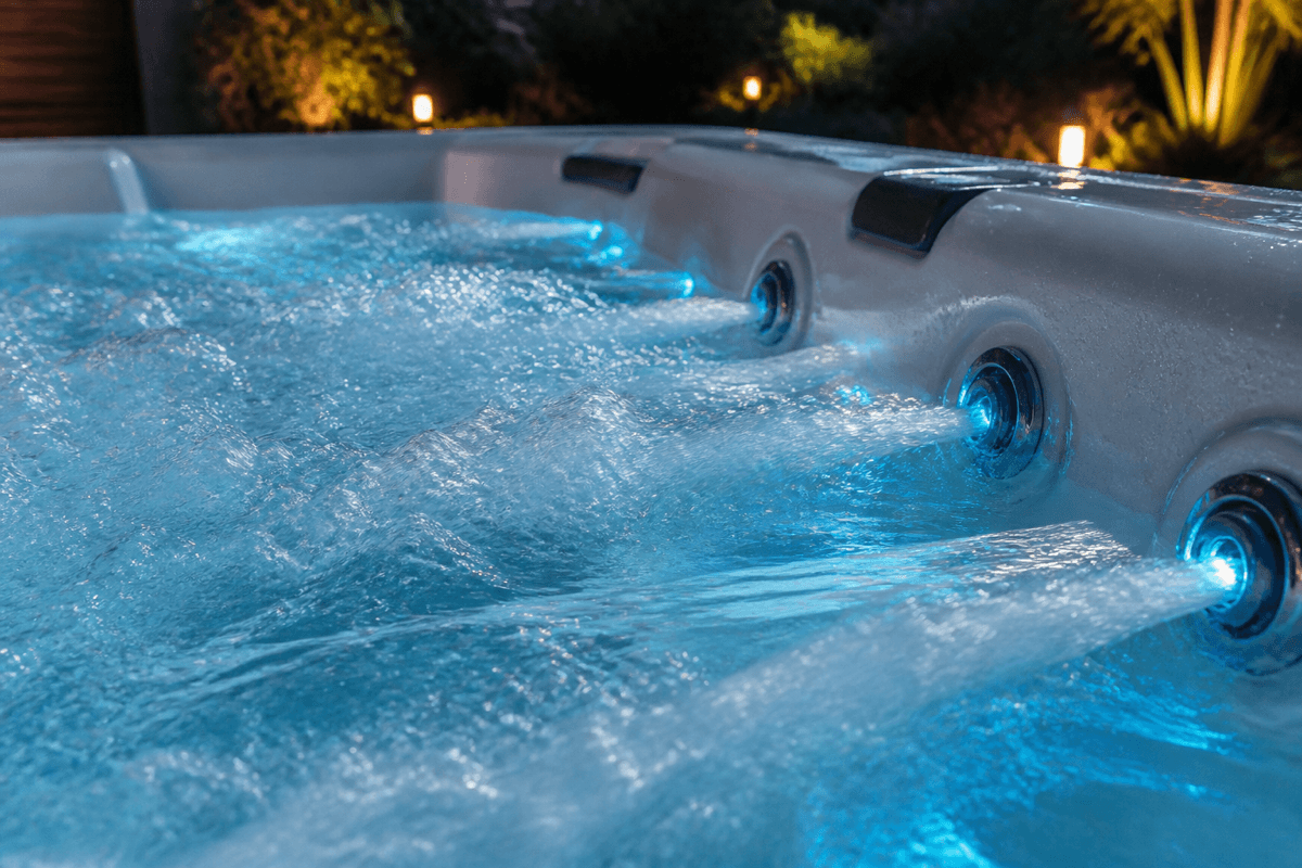 Sprudelndes Wasser mit Massagedüsen in einem Outdoor-Whirlpool aus Nahaufnahme