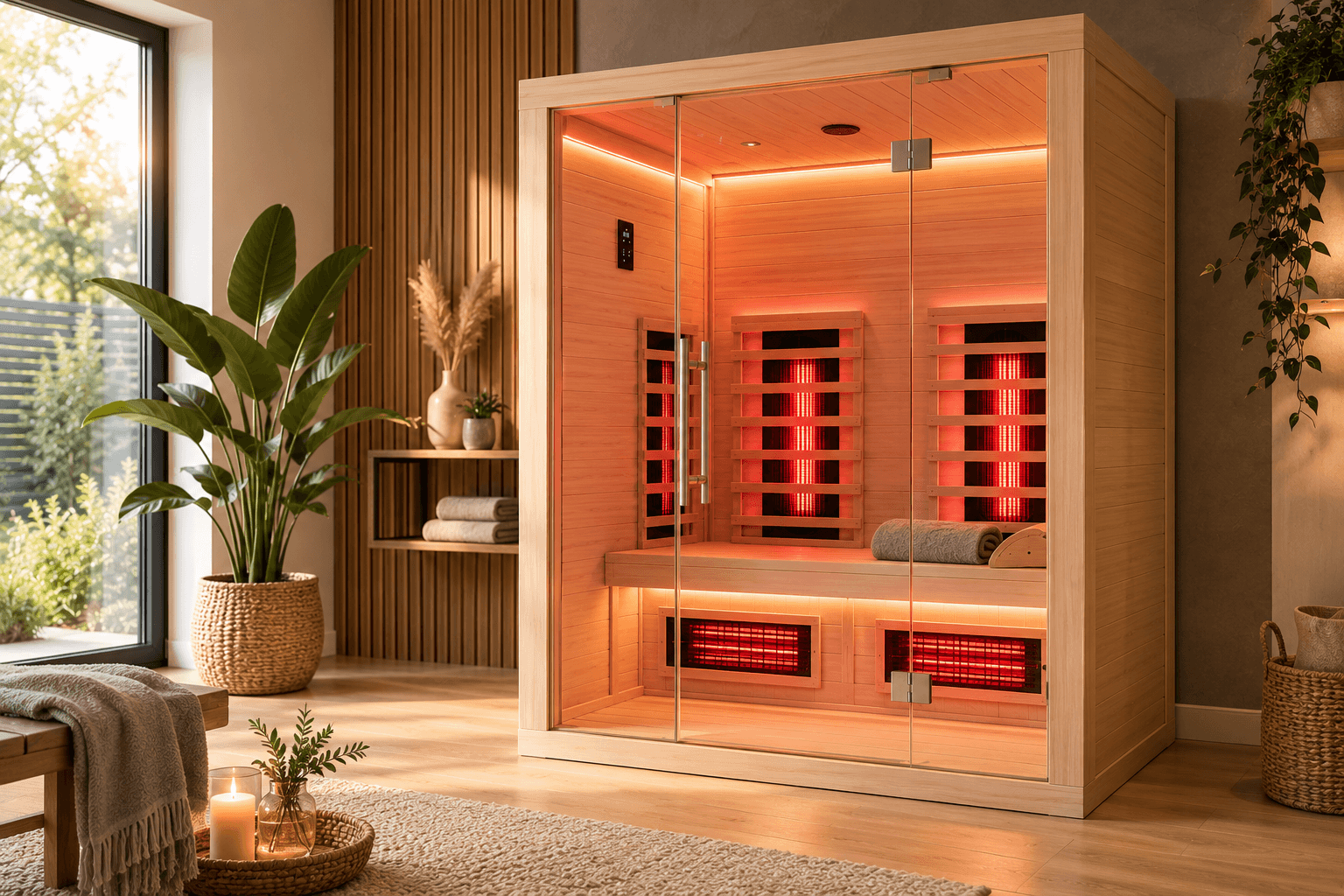 Moderne Infrarotkabine aus hellem Hemlock-Holz mit Glasfront und rot leuchtenden Infrarotstrahlern
