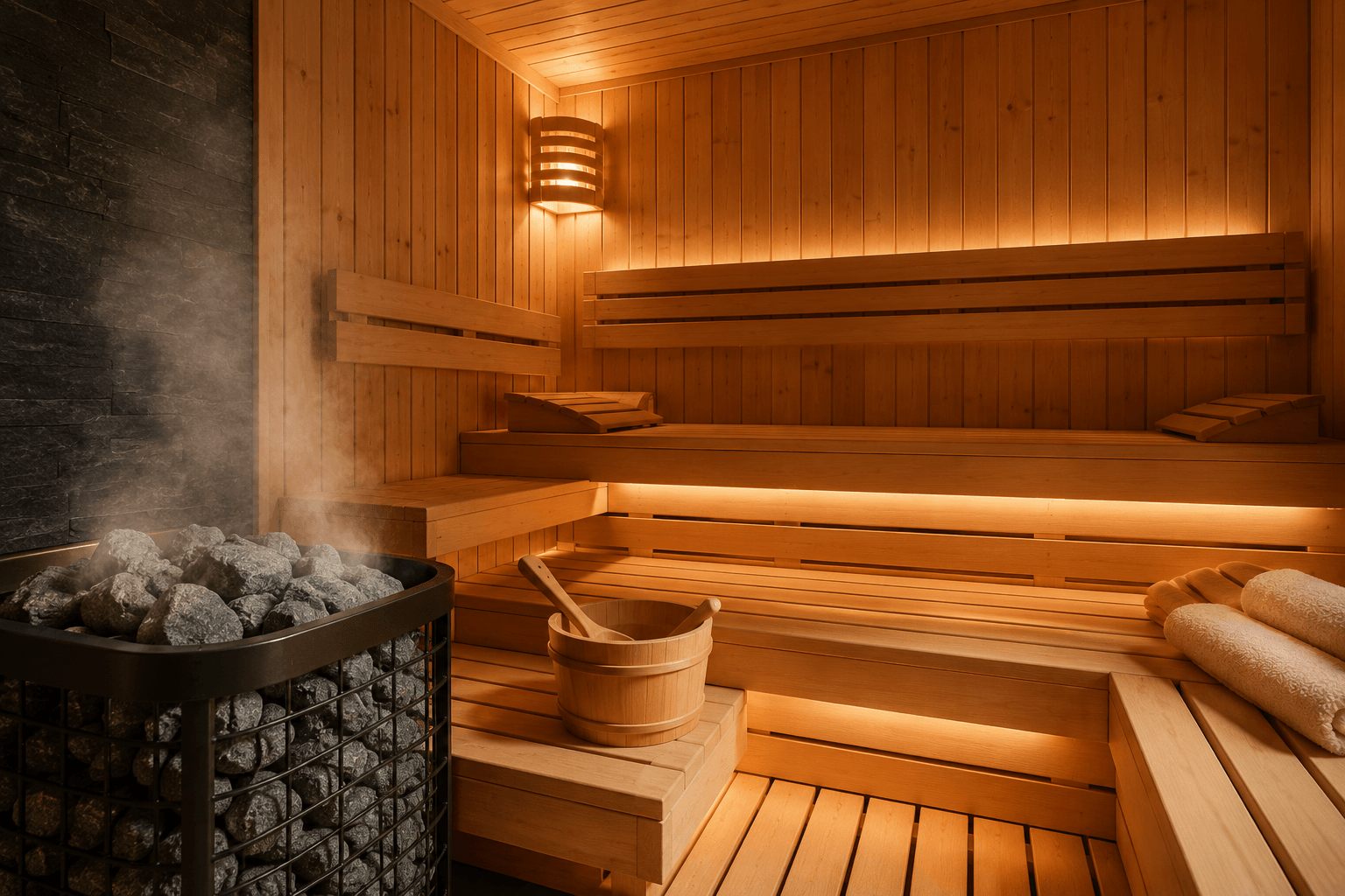 Innenansicht einer klassischen finnischen Sauna mit Holzbänken, Saunaofen und Saunasteinen