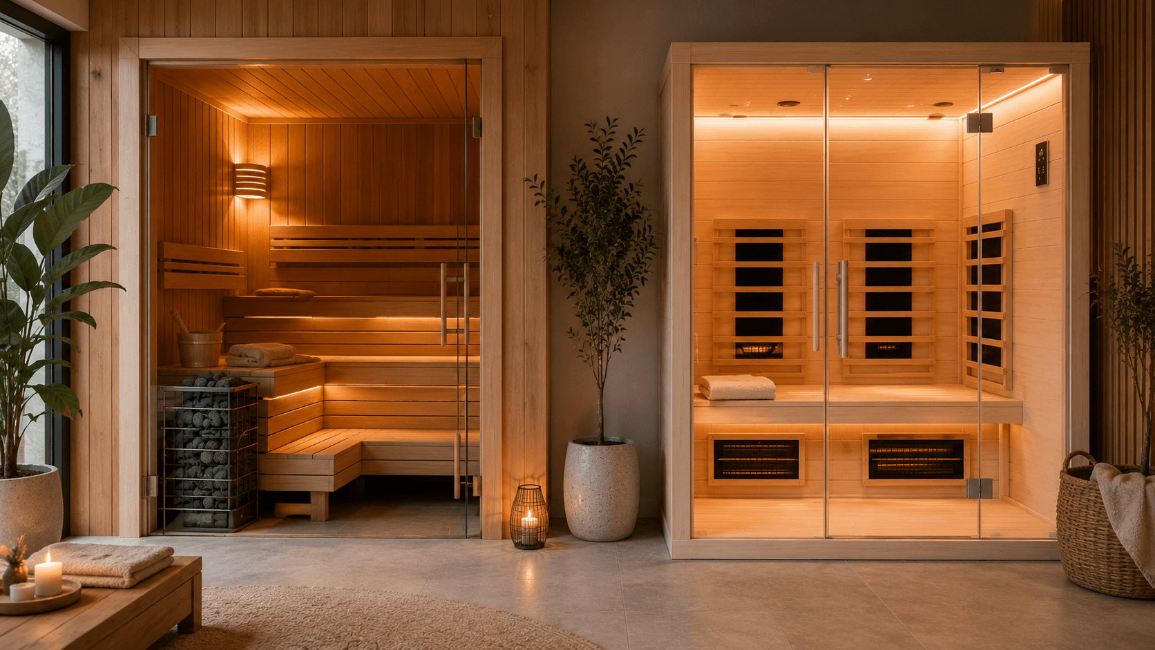 Moderne finnische Sauna und Infrarotkabine aus hellem Holz nebeneinander in einem Wellnessraum