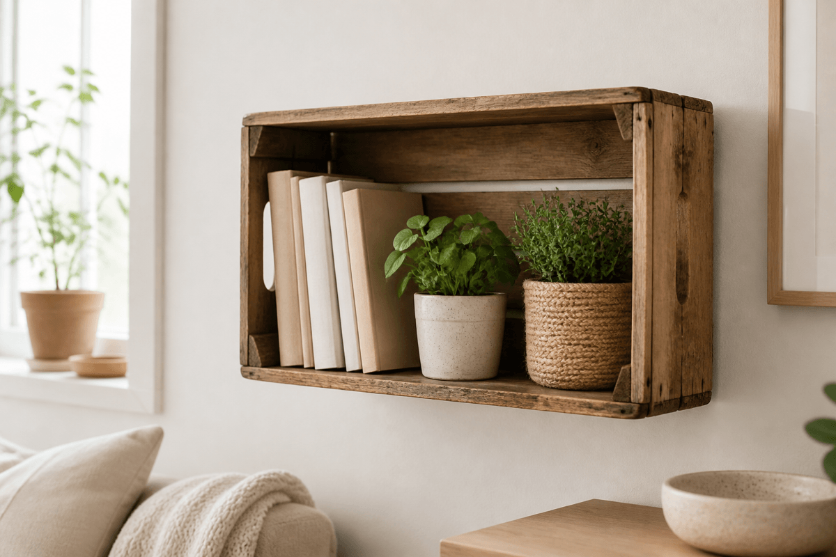 DIY-Upcycling – alte Weinkiste als Wandregal mit Pflanzen und Büchern
