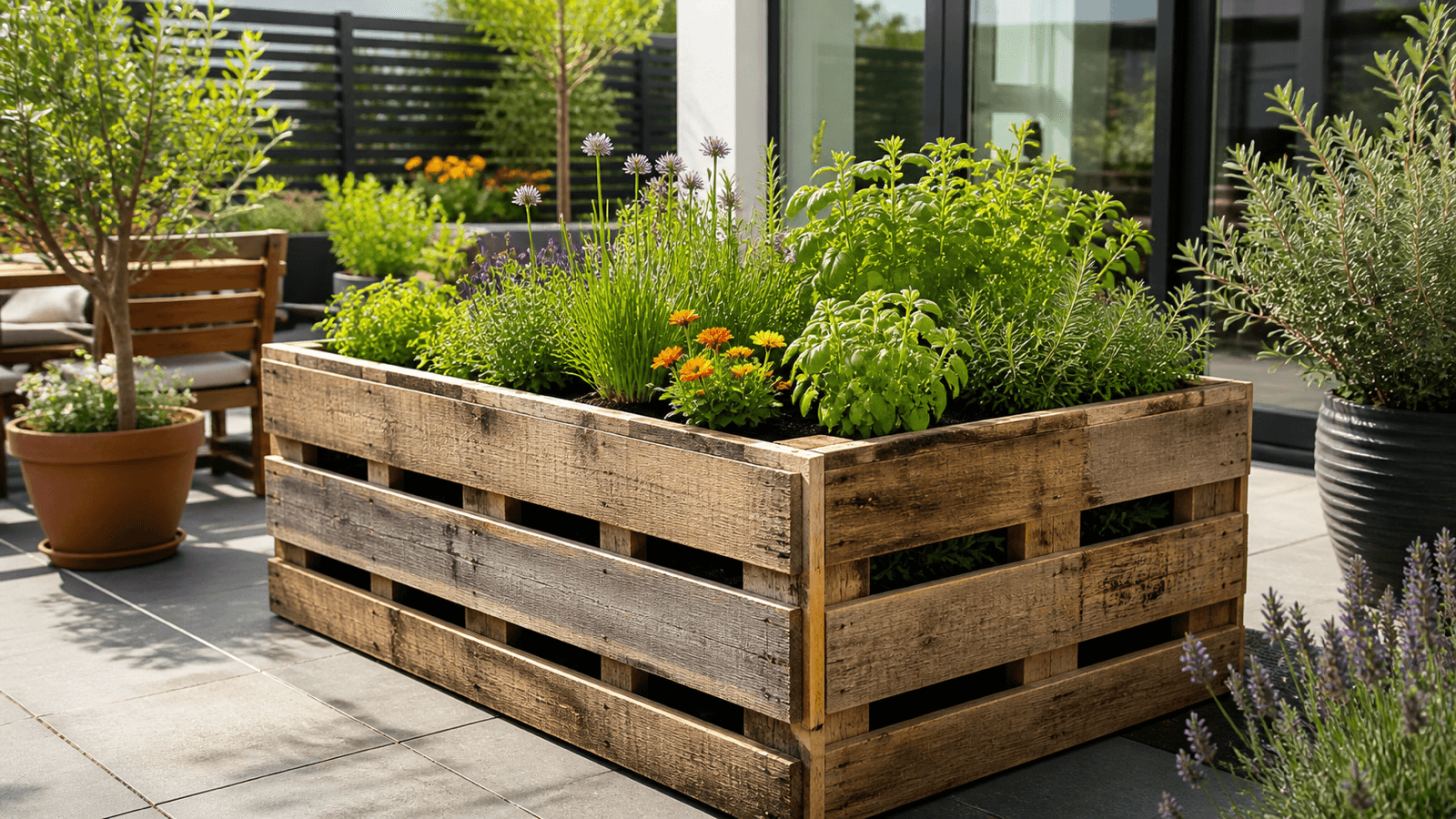 Upcycling im Garten – Hochbeet aus alten Holzpaletten mit Kräutern und Blumen