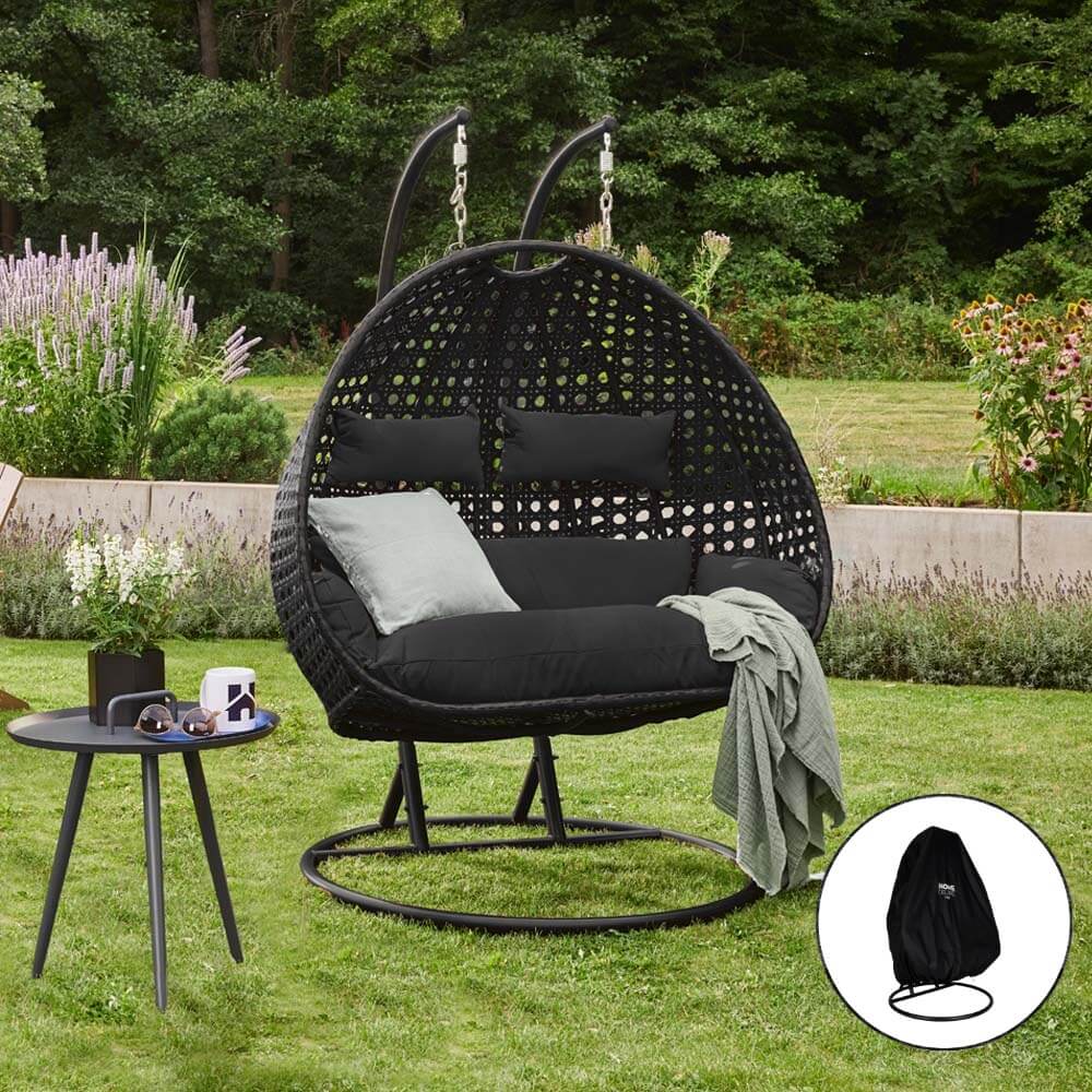 Polyrattan Hängesessel TWIN - Schwarz mit Regenabdeckung