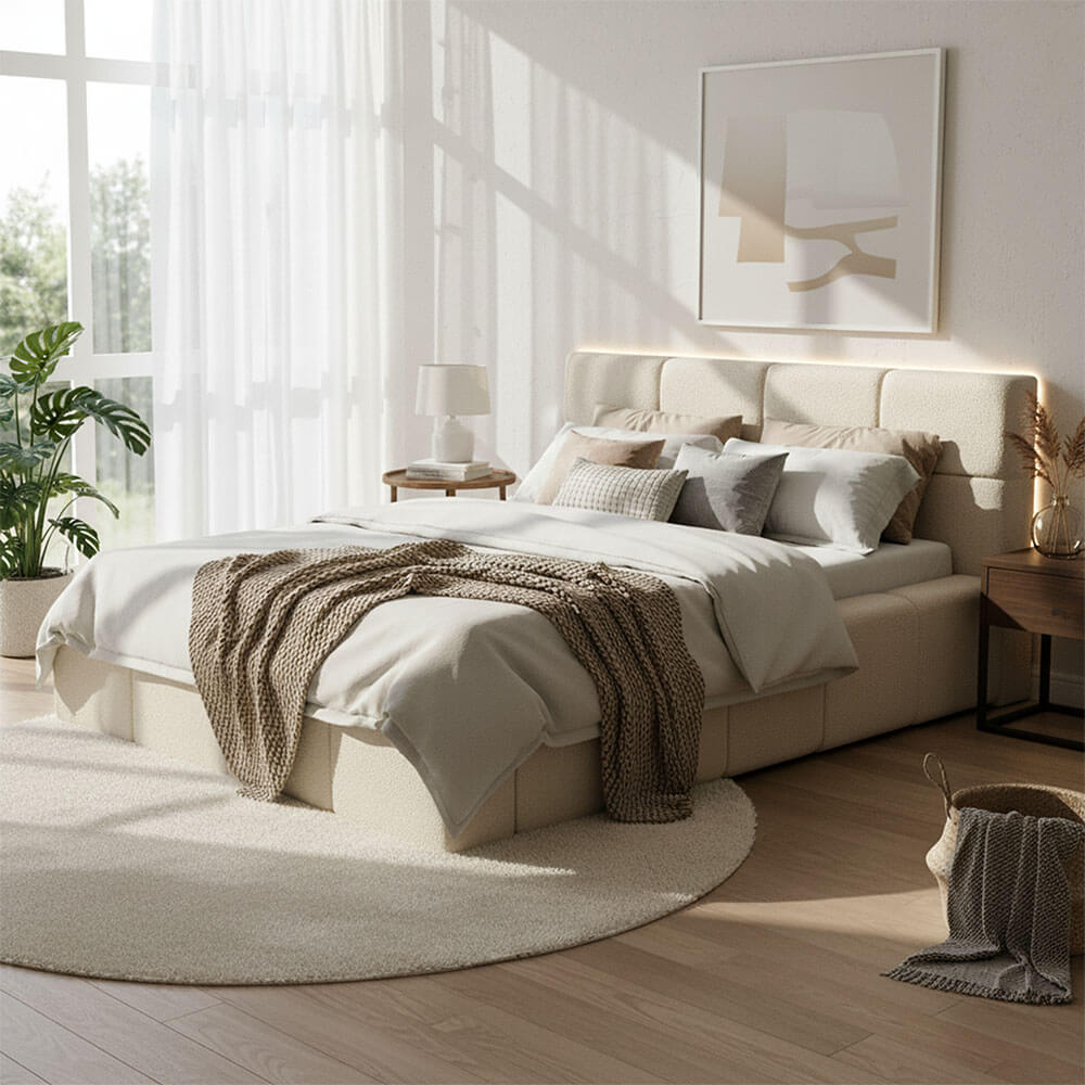 LED-Bett aus Teddy-Stoff mit Ablage GALA