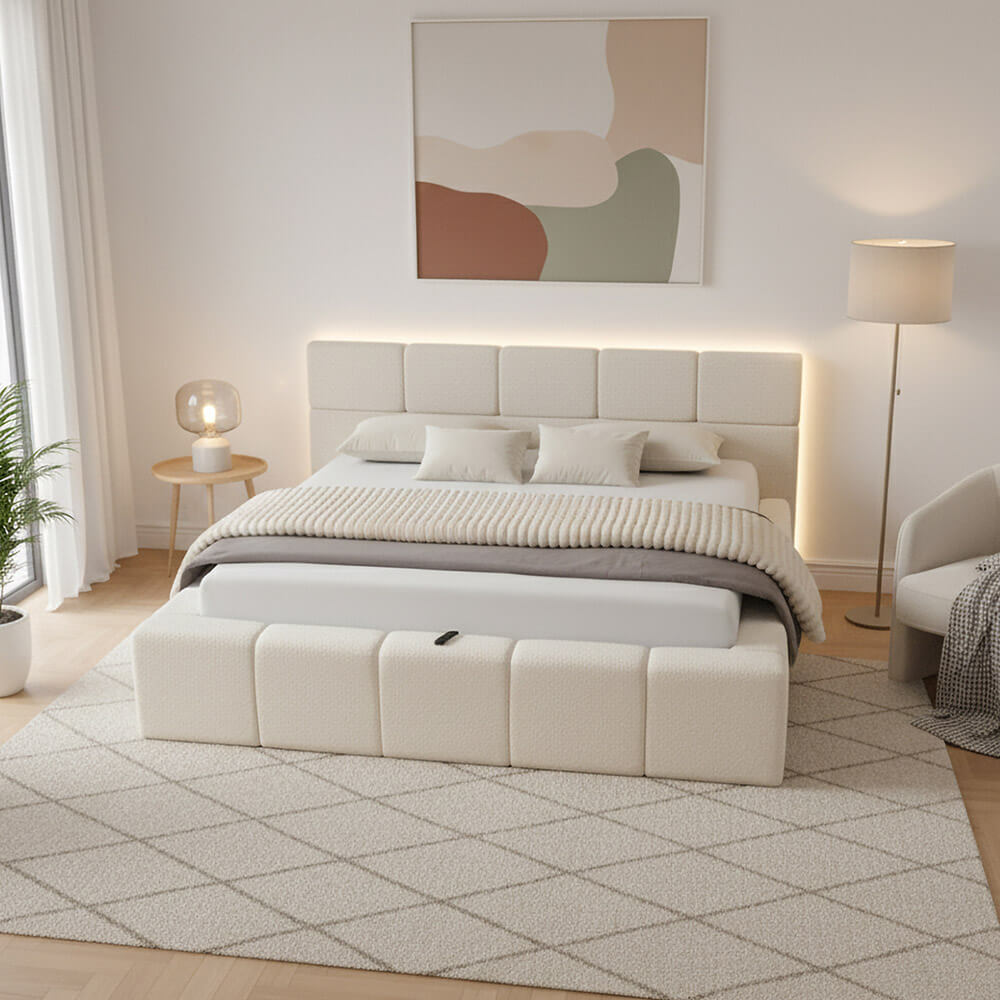 LED-Bett aus Teddy-Stoff mit Ablage GALA