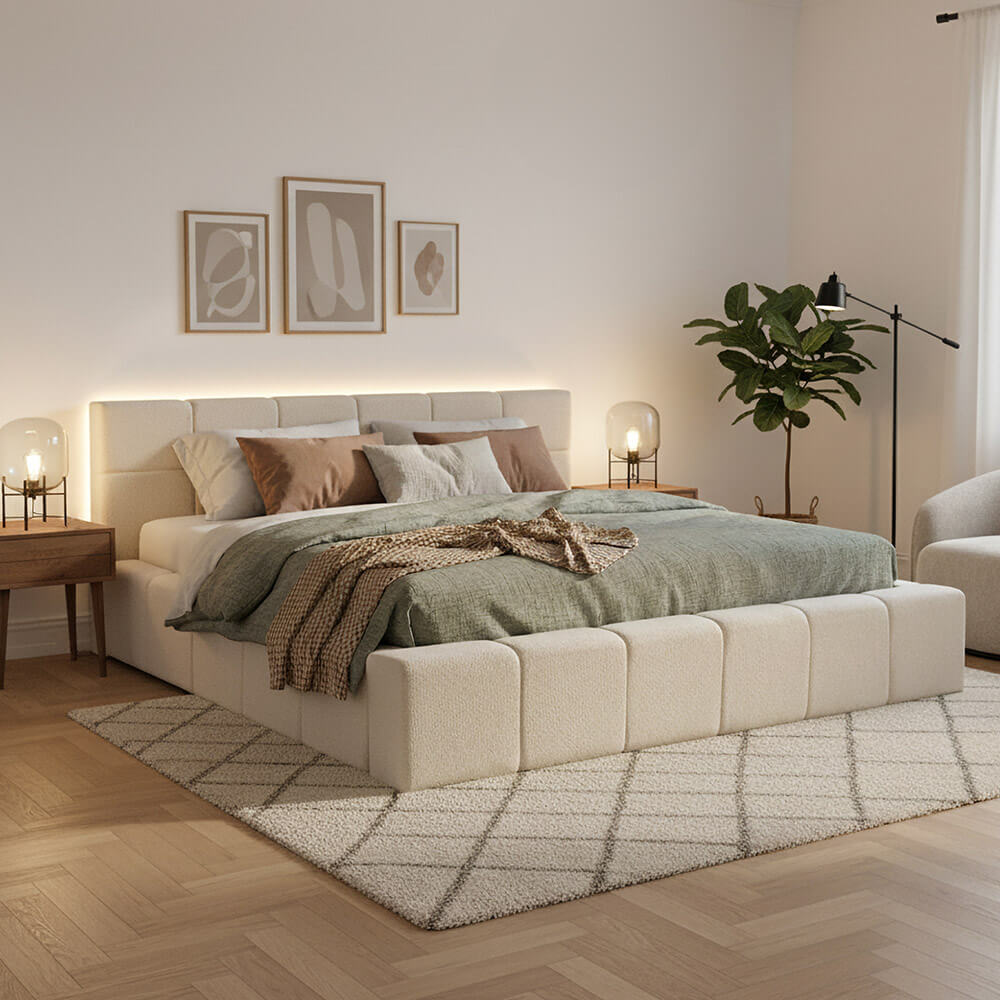 LED-Bett aus Teddy-Stoff mit Ablage GALA