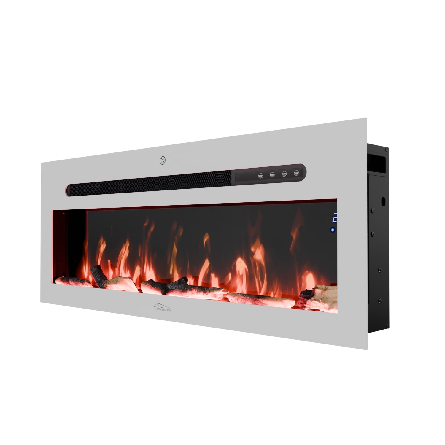 Wandkamin Elektrokamin Panorama Flammeneffekt elektrisch 900/1800W, Appsteuerung, 12 Farben, Timer, inkl. Kristalle 92x13x35 cm, weiß